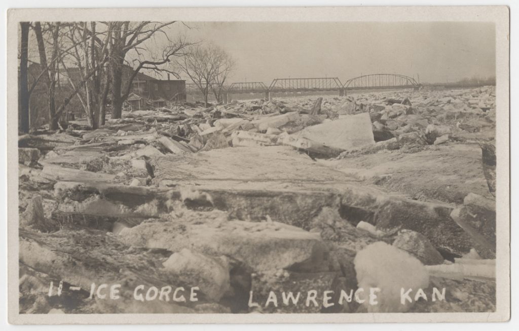 Postcard showing an ice gorge at Lawrence, Kansas, 1910