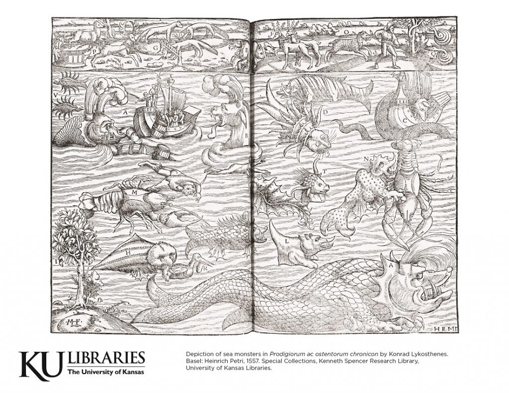 Sea monster image in the KU Libraries coloring book, 2018