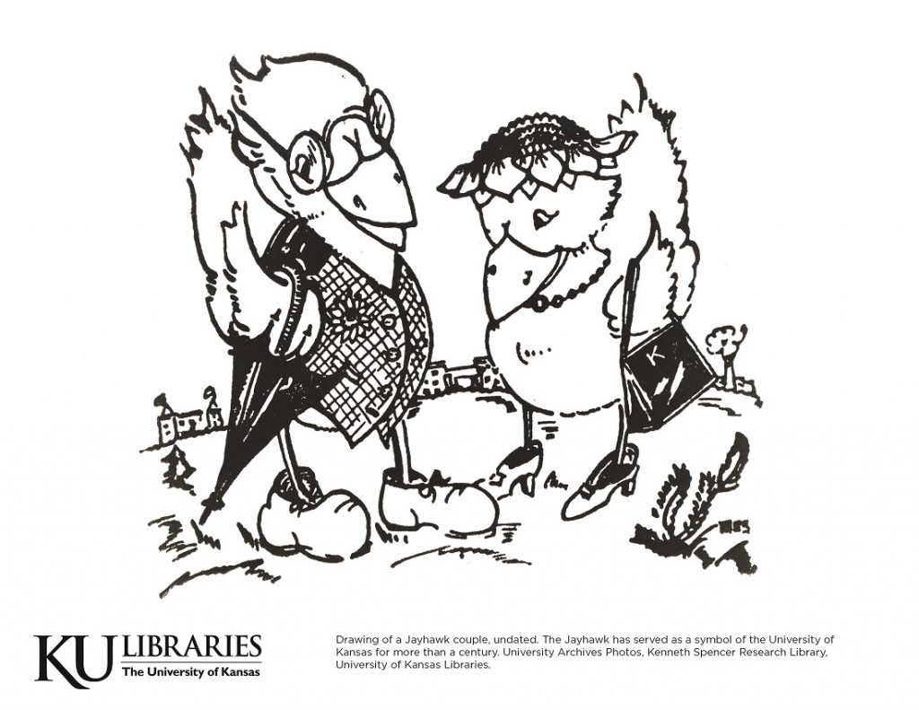 Jayhawk couple image in the KU Libraries coloring book, 2018