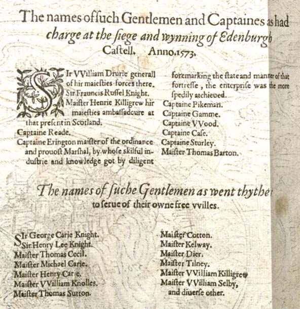 List of participants in the Siege of Edinburgh Castle, including the names of Henry and William Killigrew.