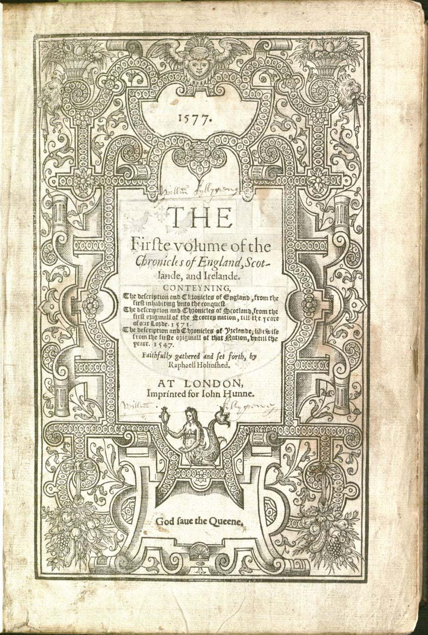 Title page of volume 1 of Holinshed's Chronicles (1577), with William Killigrew's signature