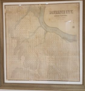 Picture of the 1854 Searl Map of Lawrence housed in the Spencer Research Library Lobby