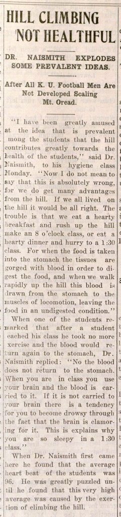 Image of a Daily Kansan article, "Hill Climbing Not Healthful," January 25, 1910