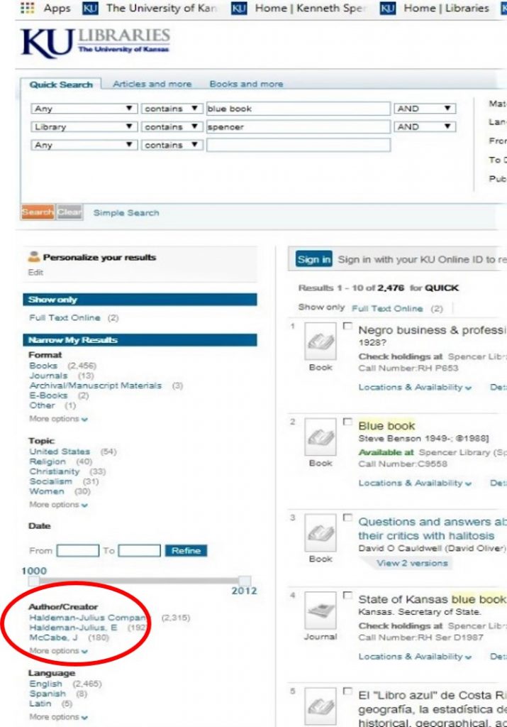 Screenshot of the "Author/Creator" option on the KU Libraries advanced search page