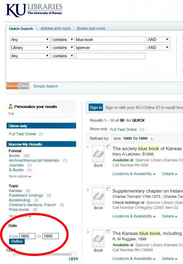 Screenshot of the date filter option on the KU Libraries advanced search page
