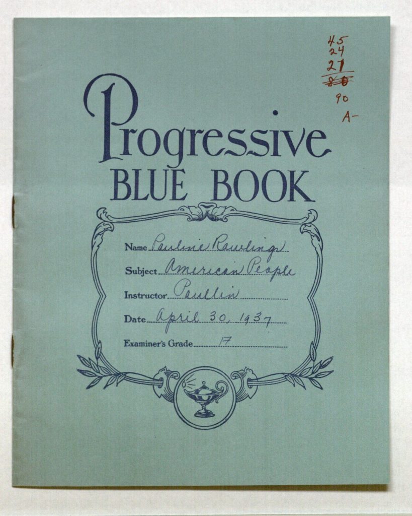 Image of the cover of a blue book from the Ellen Cowell School Papers, 1937