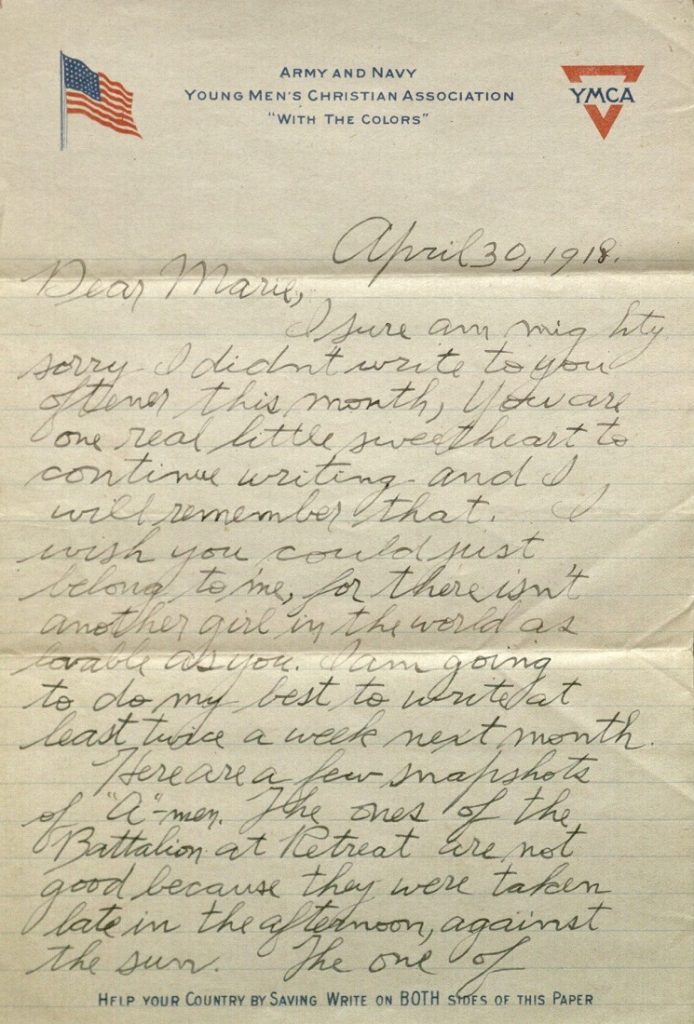 Image of Forrest W. Bassett's letter to Ava Marie Shaw, April 30, 1918