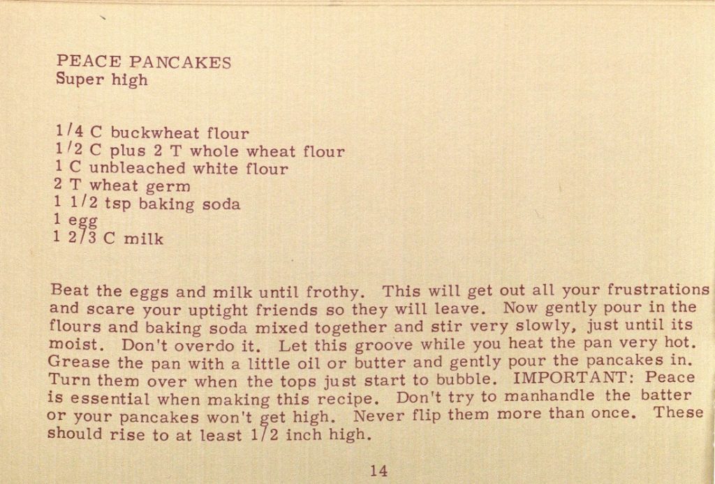 Image of a recipe for peace pancakes in The Hippie Cookbook, 1970