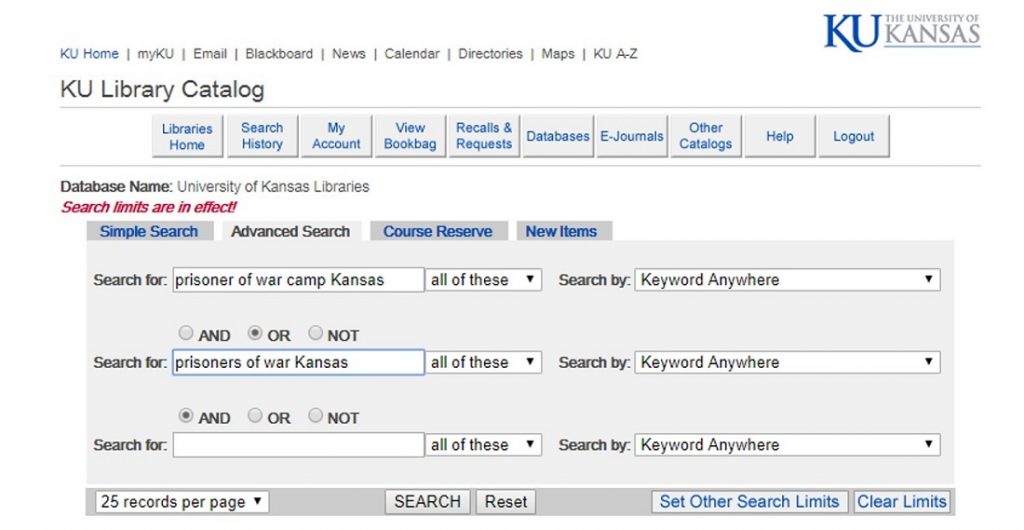 Screenshot of the advanced search page in the KU Libraries online catalog