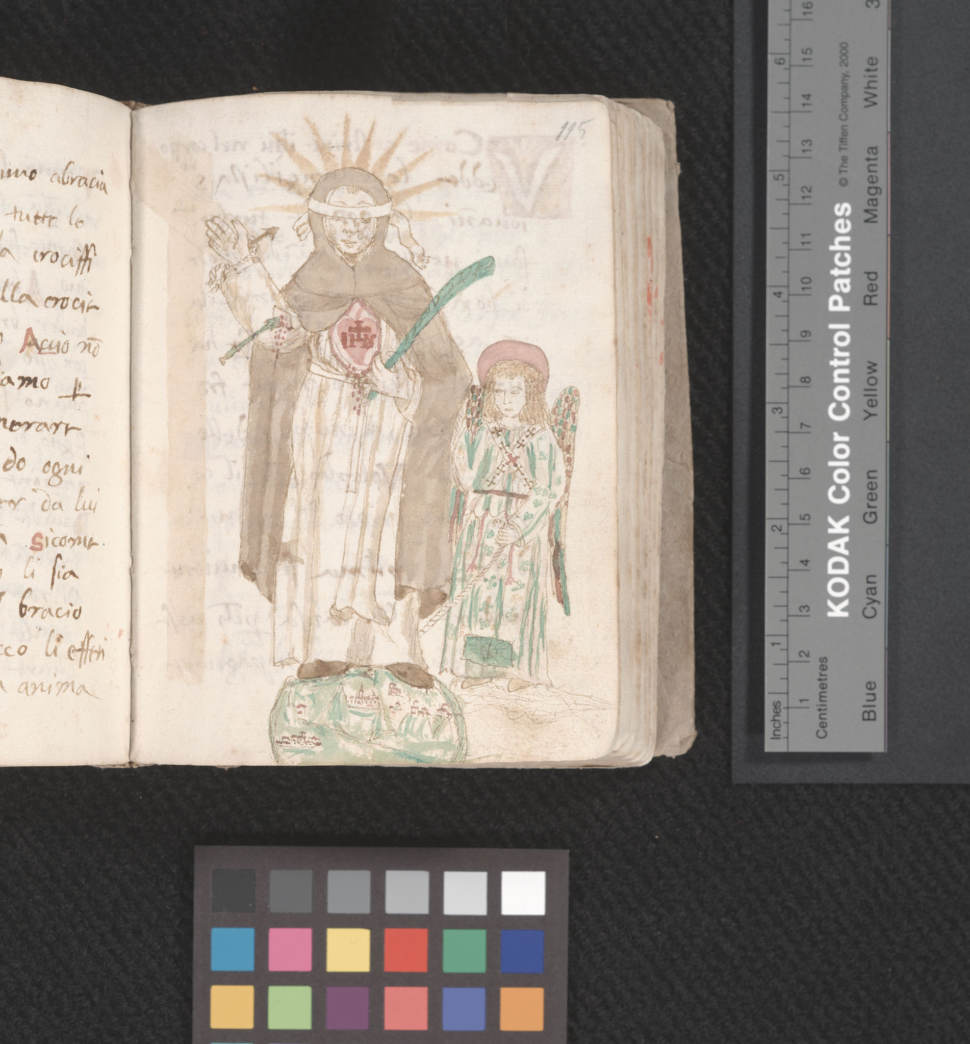 MS A7, Prediche sul nome di Gesu, image of blindfolded monk atop the world with angel, f. 115r