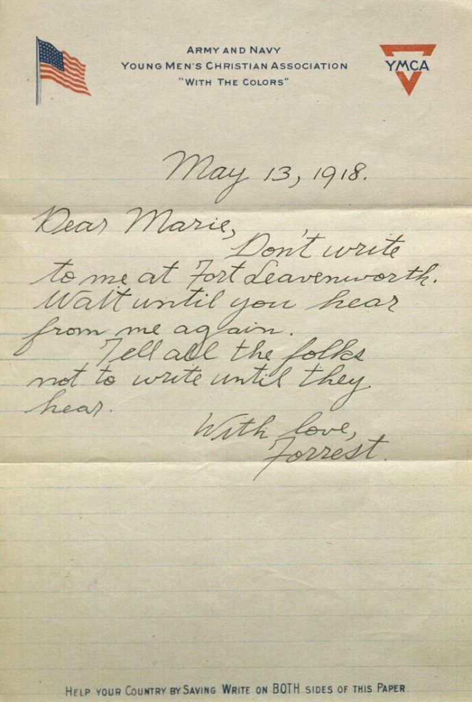 Image of Forrest W. Bassett's letter to Ava Marie Shaw, May 13, 1918