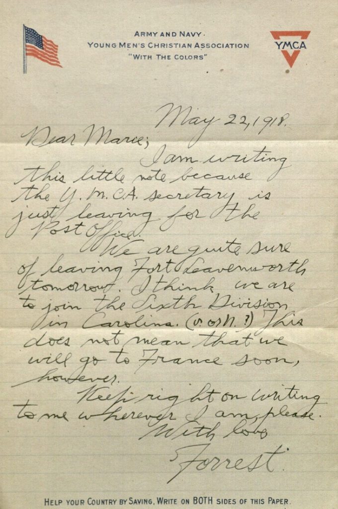 Image of Forrest W. Bassett's letter to Ava Marie Shaw, May 22, 1918