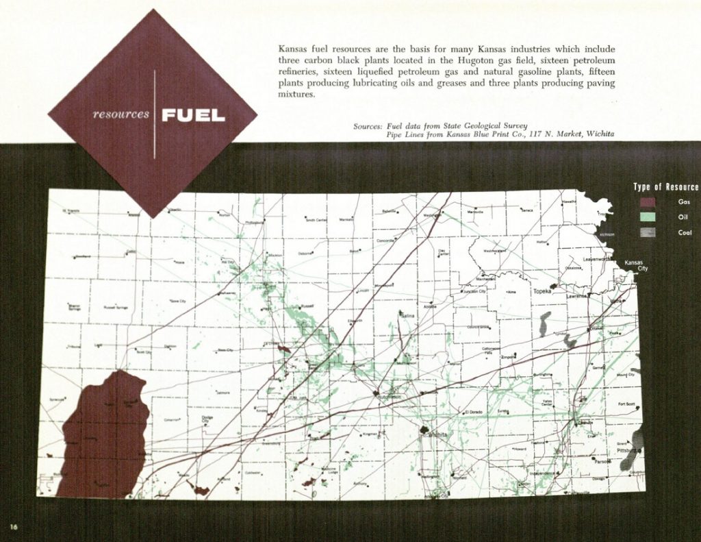Image of the fuel resources map spread in Kansas Industrial Resources, 1956