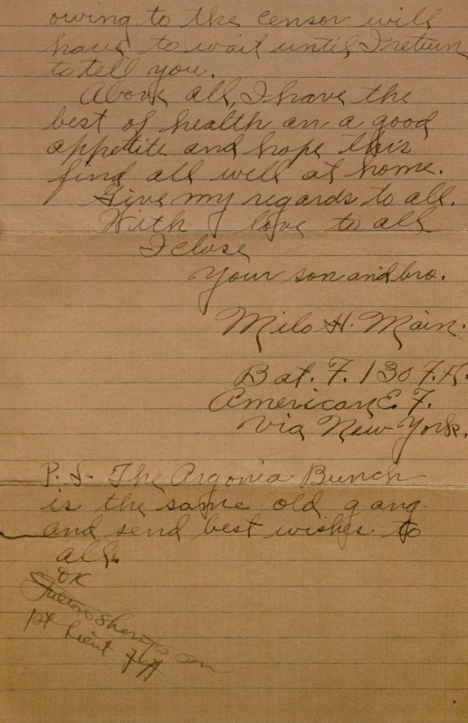 Image of Milo H. Main's letter to his family, June 2, 1918