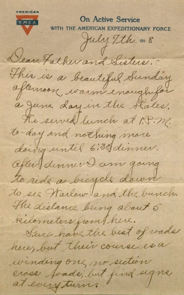 Image of Milo H. Main's letter to his family, July 7, 1918