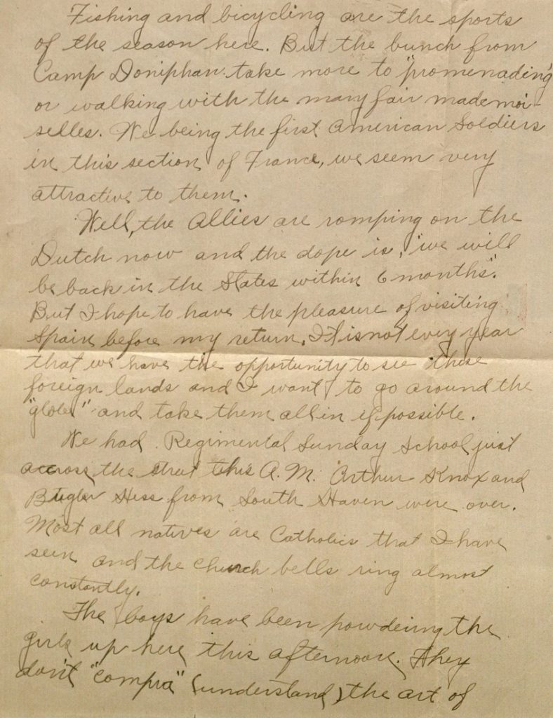Image of Milo H. Main's letter to his family, July 7, 1918