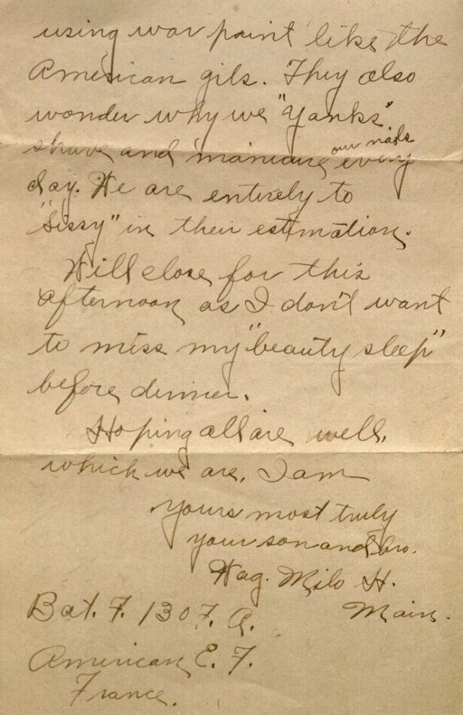 Image of Milo H. Main's letter to his family, July 7, 1918