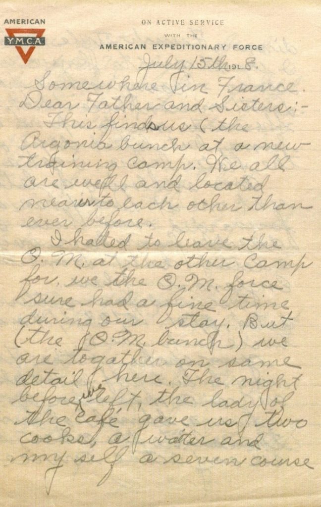 Image of Milo H. Main's letter to his family, July 15, 1918