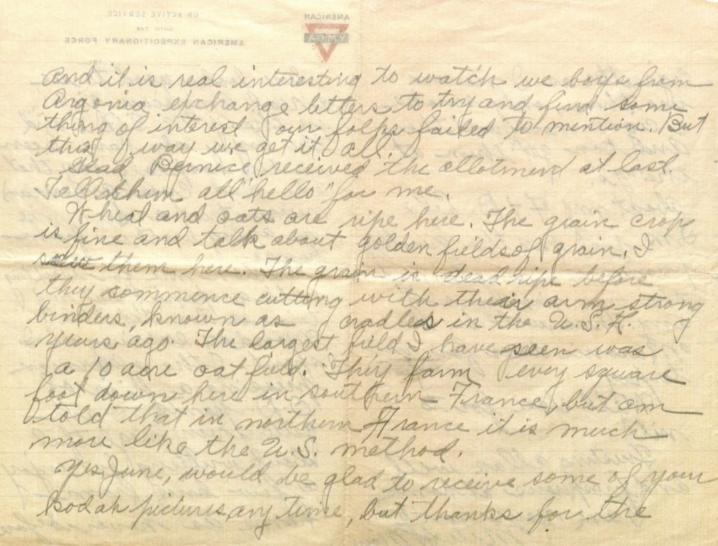 Image of Milo H. Main's letter to his family, July 15, 1918