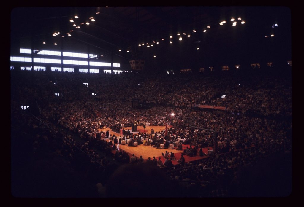 Photograph of Robert F. Kennedy speaking in Allen Fieldhouse, March 18, 1968