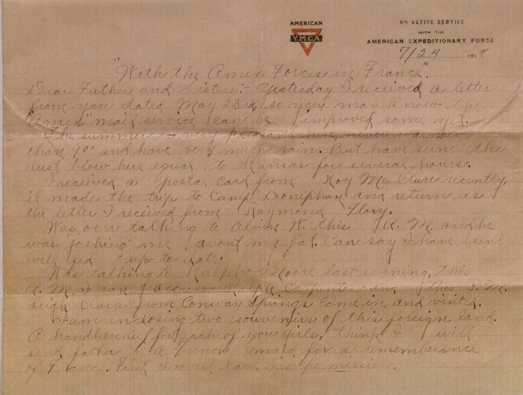 Image of Milo H. Main's letter to his family, July 24, 1918