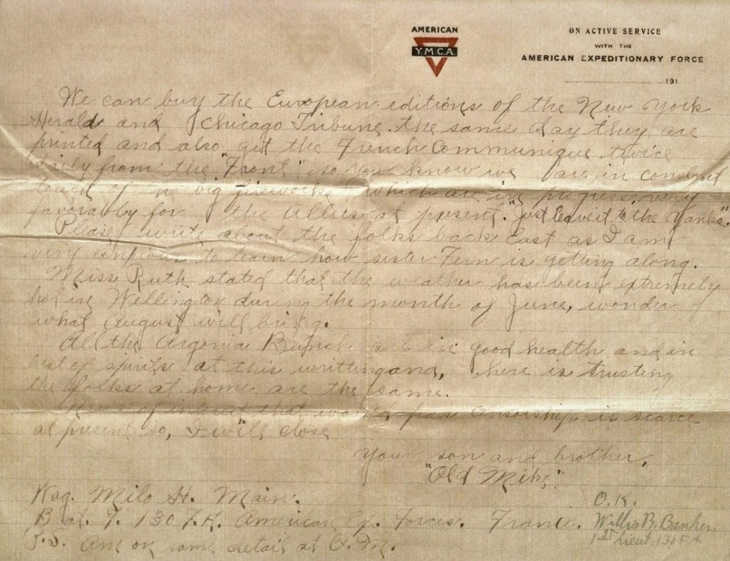 Image of Milo H. Main's letter to his family, July 24, 1918