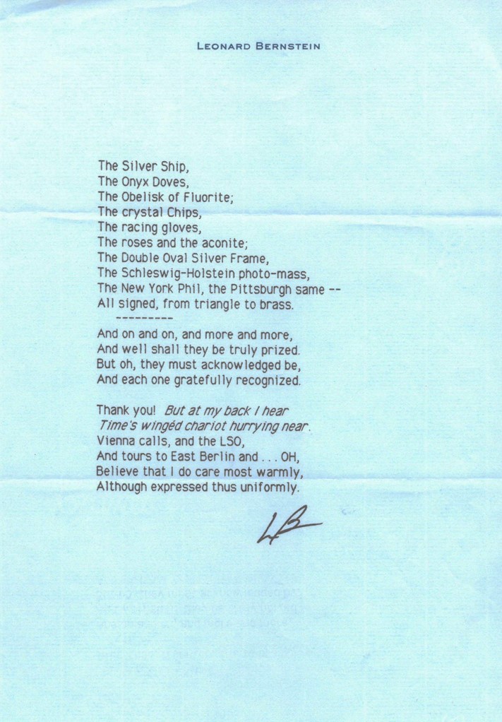 A thank you poem from Leonard Bernstein, in the Joyce Castle collection