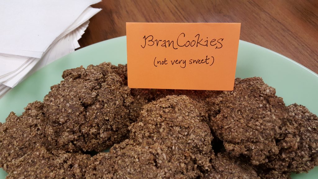 WWI-style Bran Cookies with sign that reads "not very sweet"