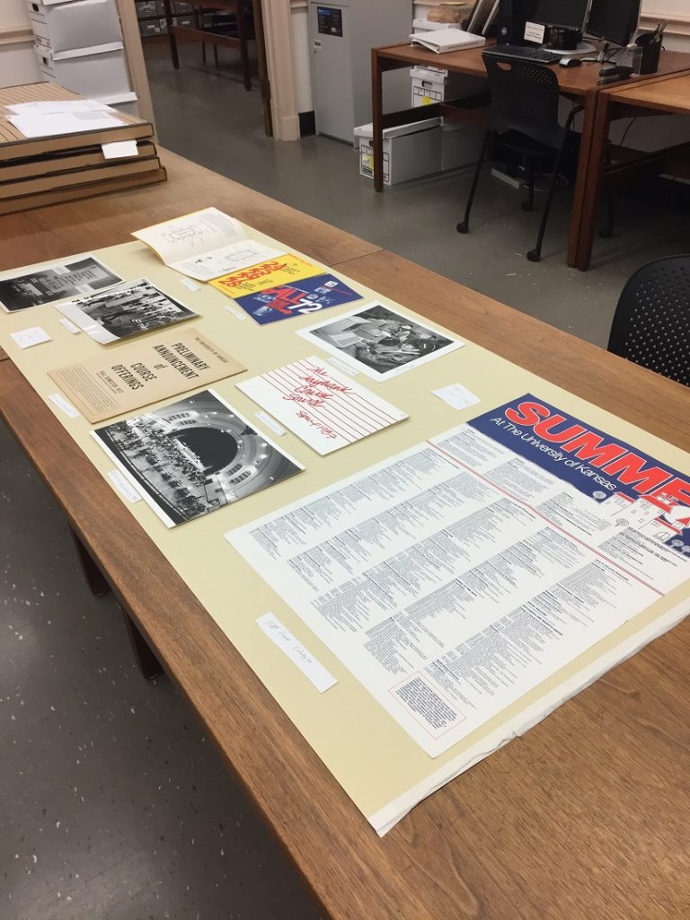 Photograph of a temporary exhibit being developed for University Archives