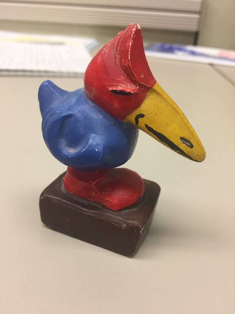 Photograph of a Jayhawk artifact in University Archives