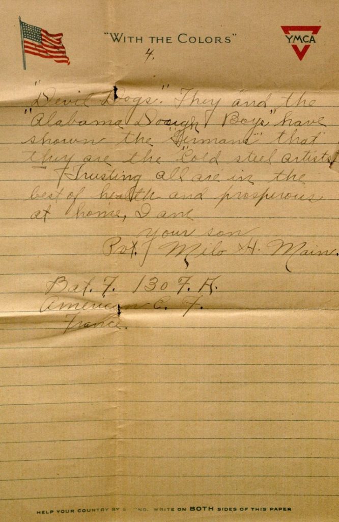 Image of Milo H. Main's letter to his family, August 11, 1918
