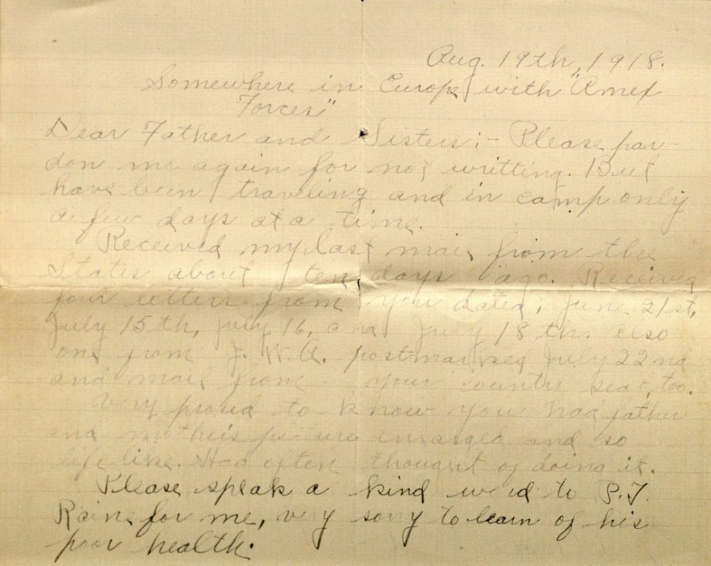 Image of Milo H. Main's letter to his family, August 19, 1918