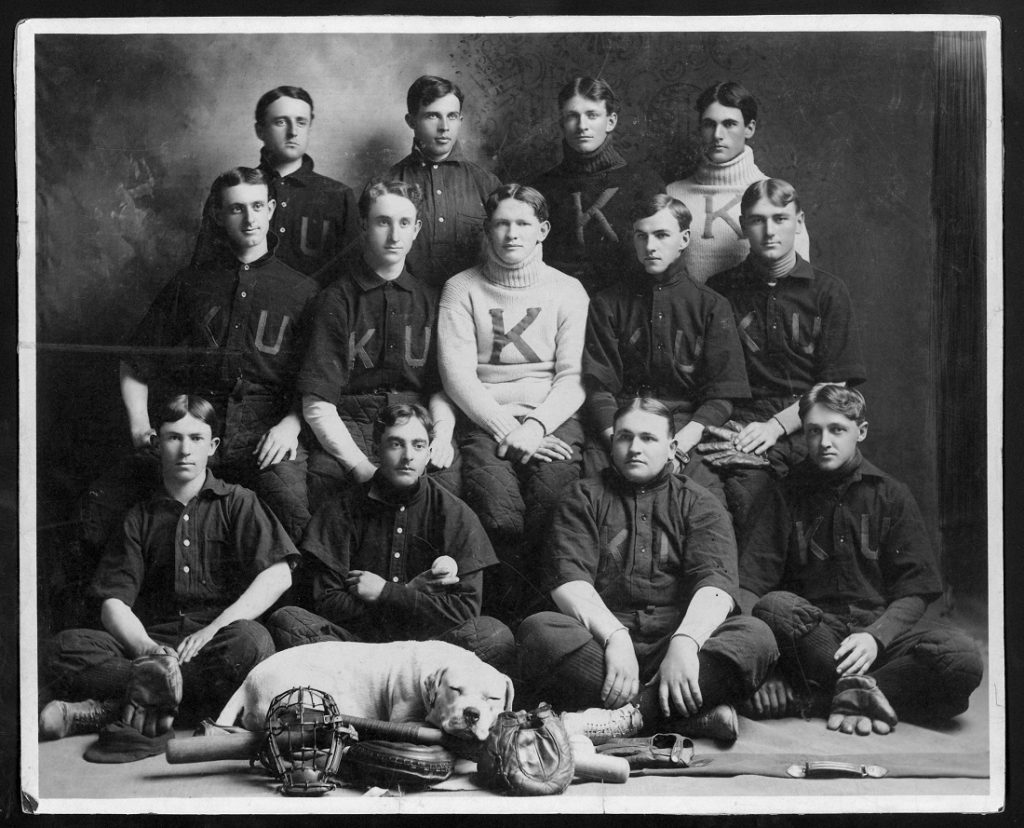 Photograph of the KU baseball team with bulldog mascot, 1903