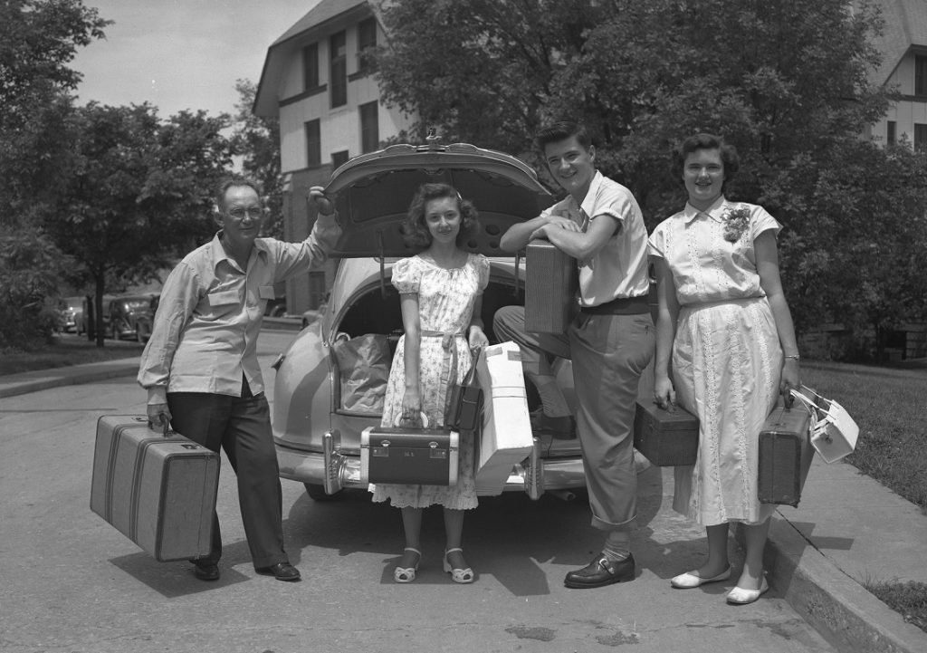 Photograph of a car packed with luggage, 1940s