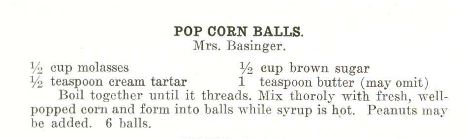 Pop corn balls recipe from Kansas City Food Conservation Cookbook (1918)