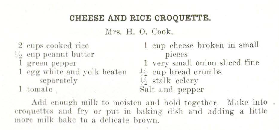 Rice and cheese croquettes recipe from Kansas City Food Conservation Cookbook (1918)