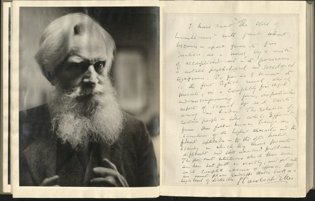 Manuscript of Havelock Ellis's prefatory "commentary" with pasted facing page gelatin print of Havelock Ellis