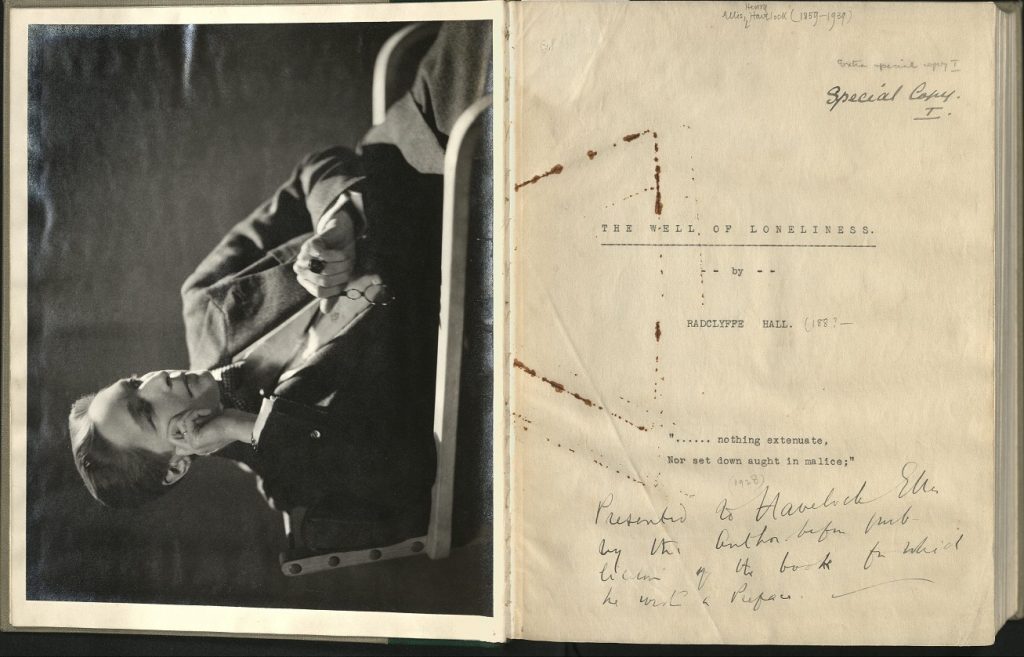 Well of Loneliness typescript title page marked "Special Copy I", with tipped in photographic portrait of Radclyffe Hall