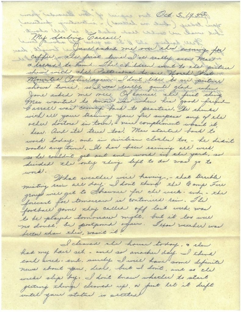 Image of a letter from Mary Agnes Hungate to her husband Carroll, October 5, 1945