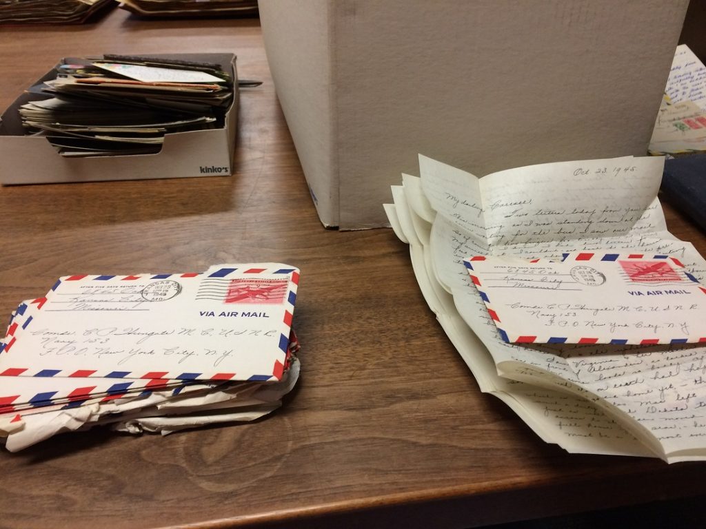 Photograph of the Hungate family letters while being processed