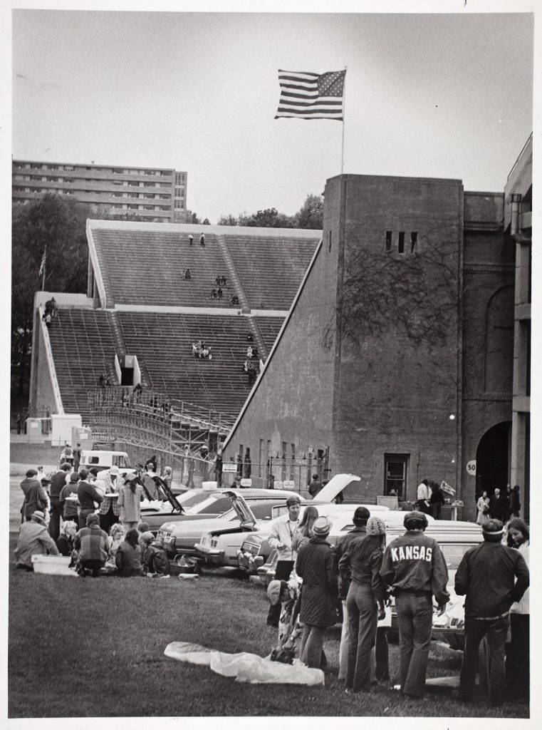 Photograph of football fans tailgating outside Memorial Stadium, 1975-1976