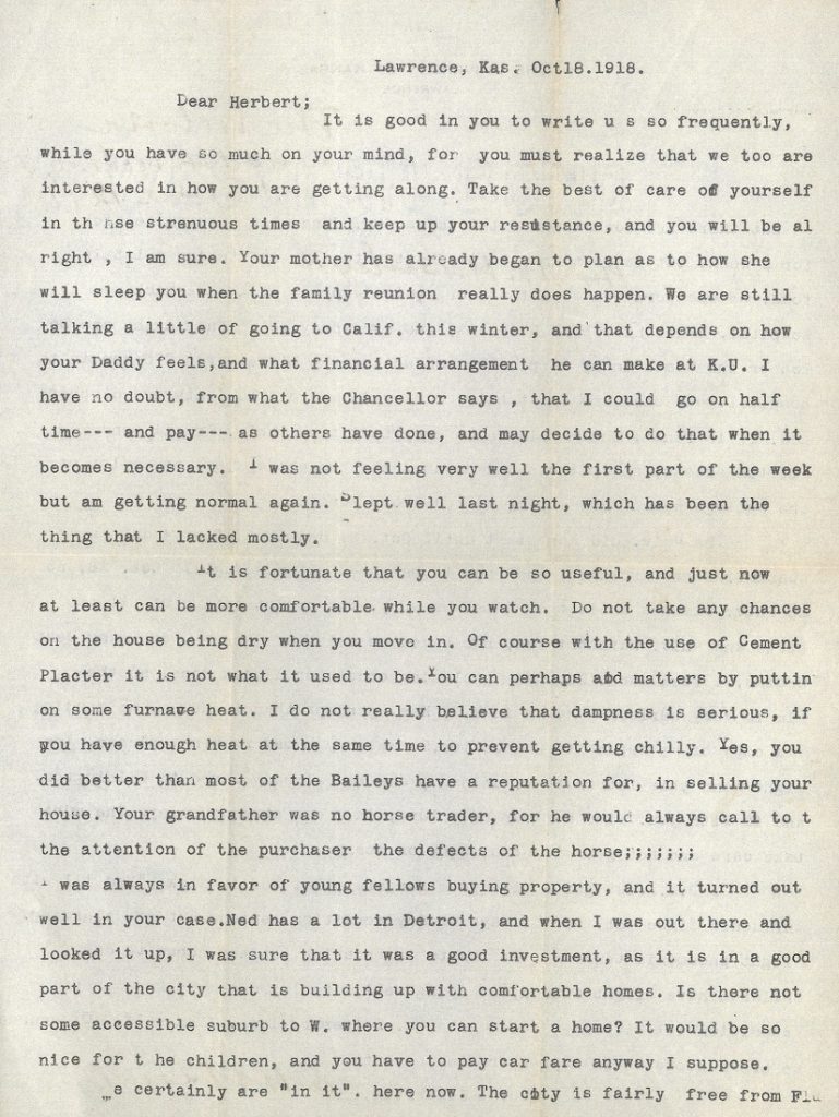 Image of E.H.S. Bailey's letter to his son Herbert, October 18, 1918