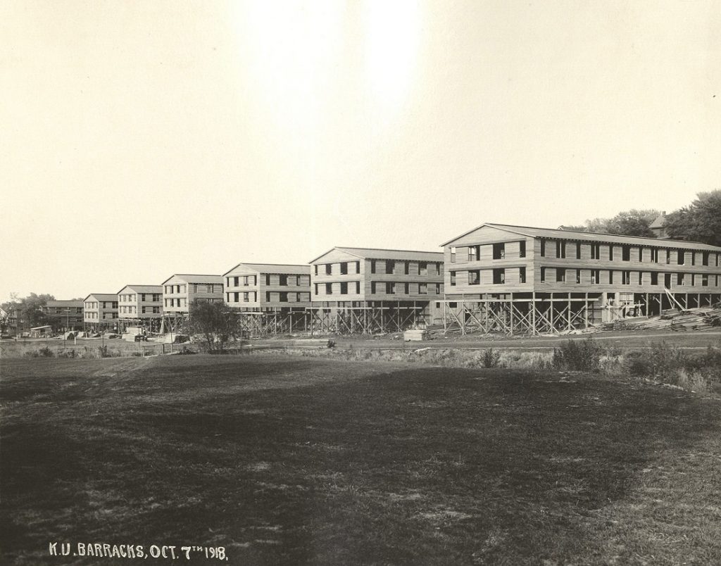 Photograph of KU S.A.T.C. barracks on Mississippi Street, 1918