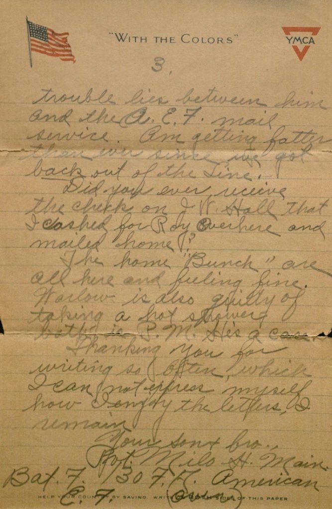 Image of Milo H. Main's letter to his family, October 9, 1918