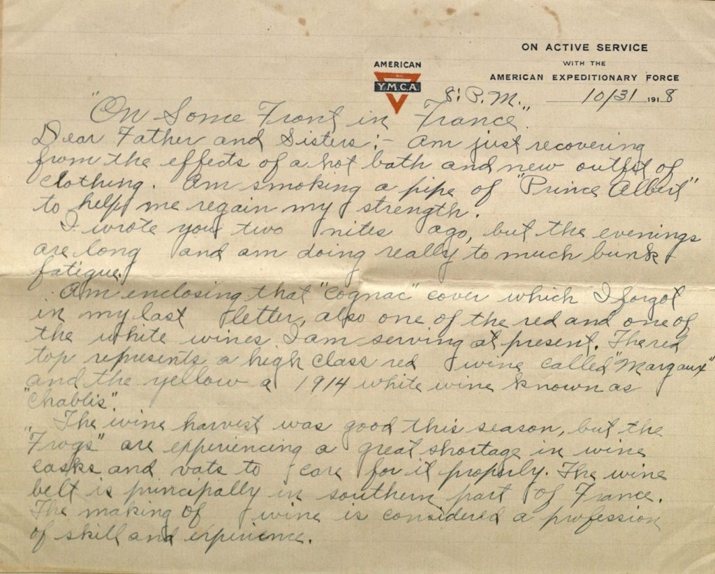 Image of Milo H. Main's letter to his family, October 31, 1918