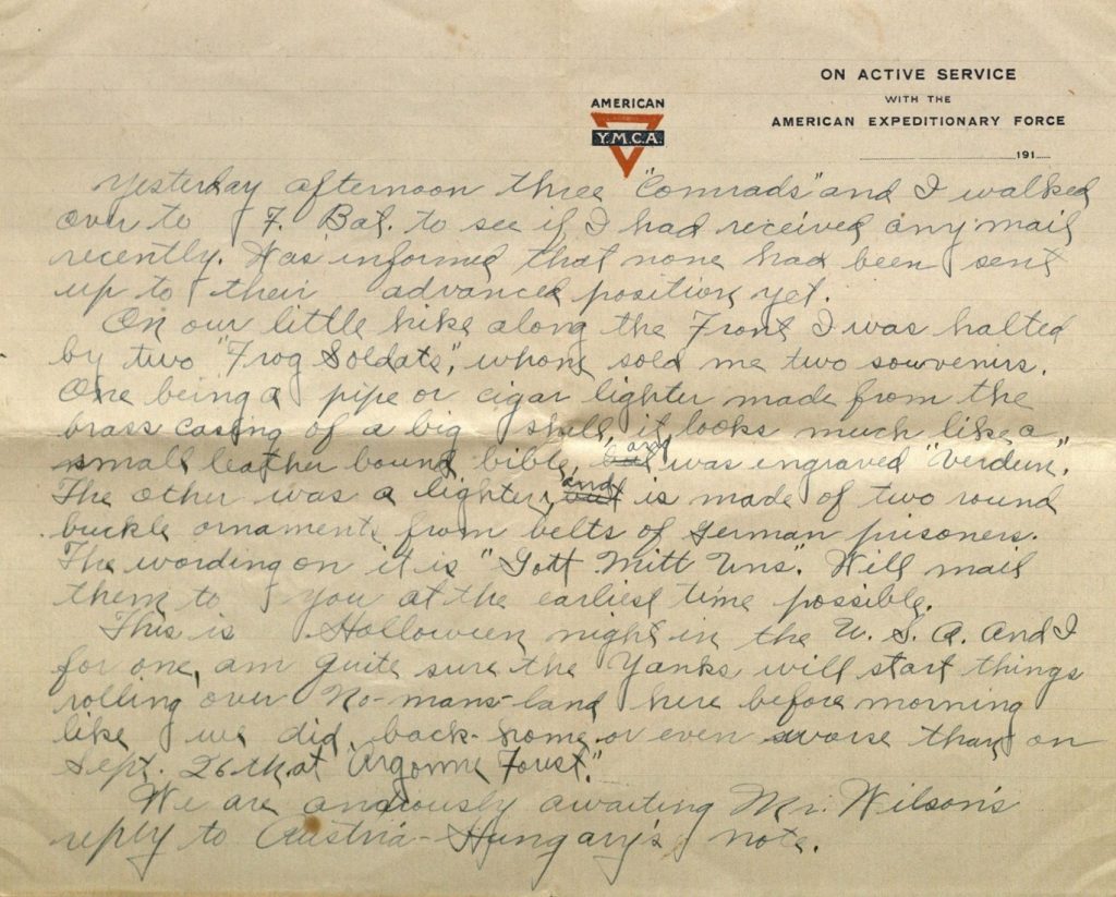 Image of Milo H. Main's letter to his family, October 31, 1918