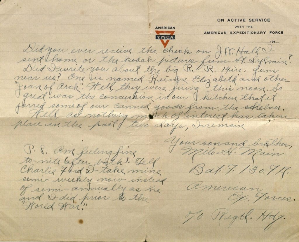 Image of Milo H. Main's letter to his family, October 31, 1918