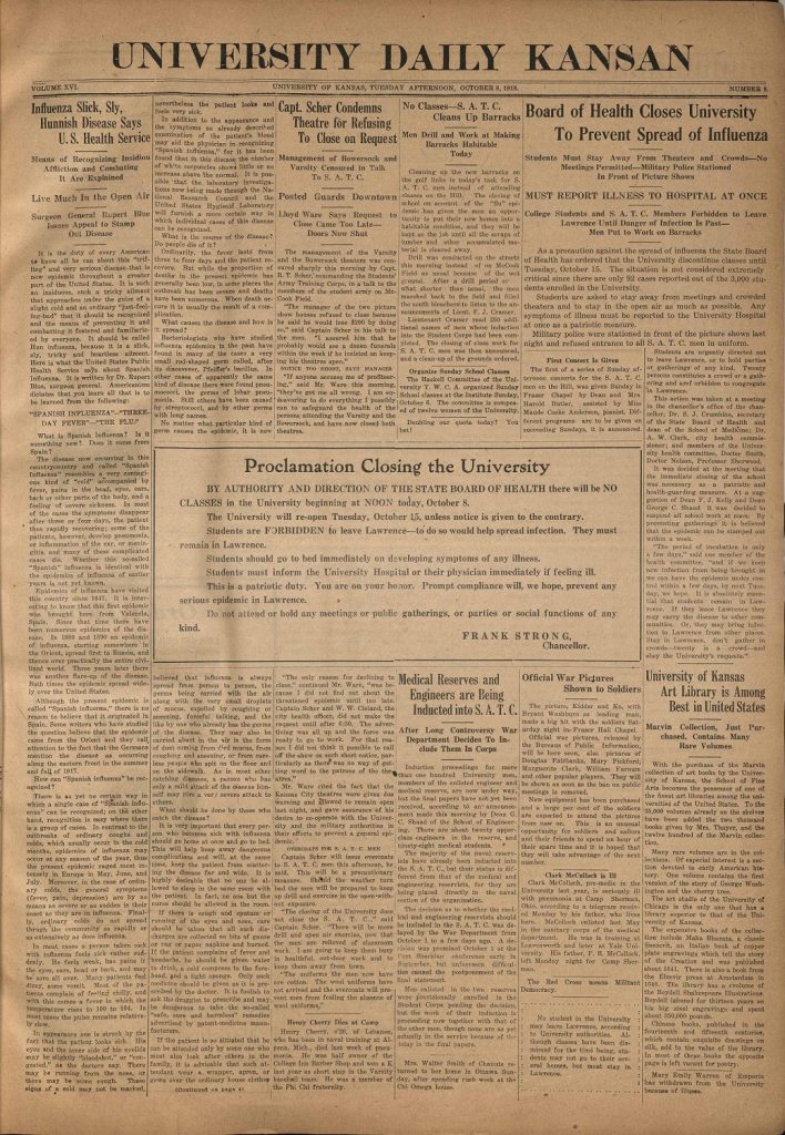 Image of the front page of the University Daily Kansan, October 8, 1918