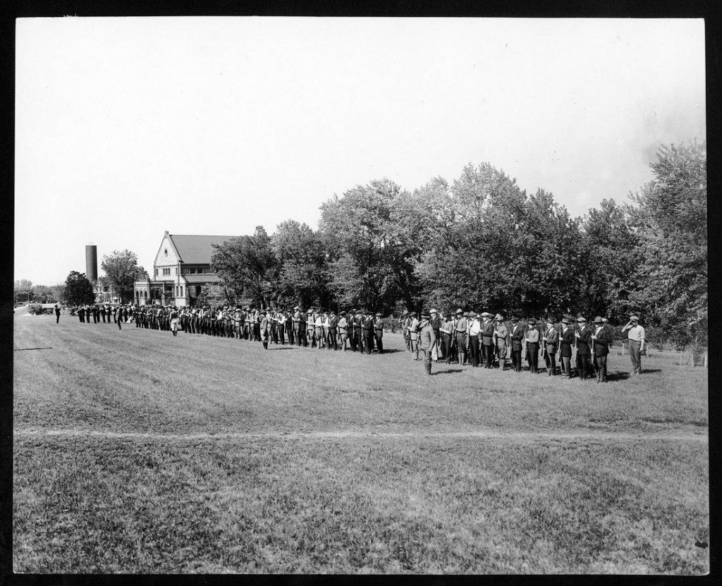 Photograph of members of KU's Student Army Training Corps in formation, 1918