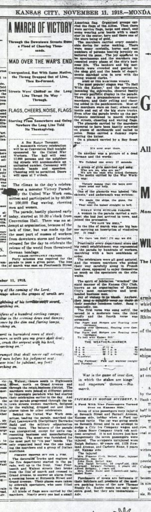 Image of the article "A March of Victory" in the Kansas City Star on Armistice Day, November 11, 1918